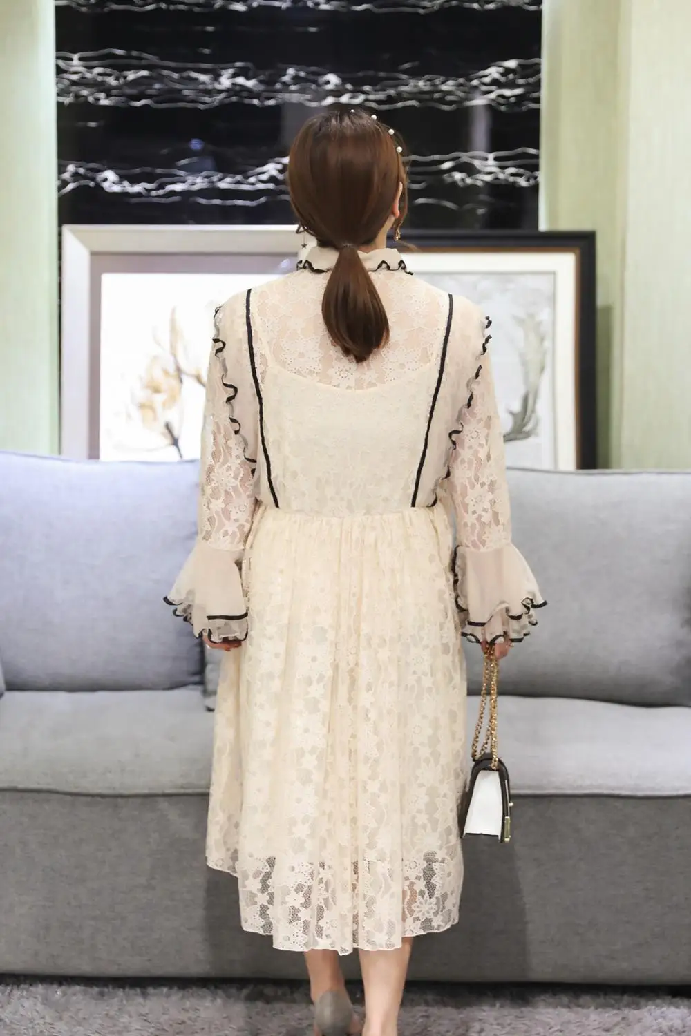 MINSUNDA Plus Size Button Up Layer Ruffle Cuff Lace Elegant Dress Women Lapel Long Sleeve Party Office Ladies A Line | Женская одежда