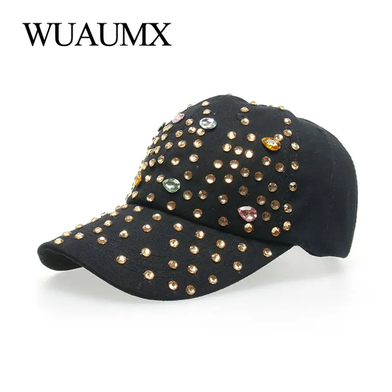 Wuaumx Bling Baseball Caps For Women With Rhinestone Bling Beauty Girl Snapback Cap For Female Denim Crystal Hats Black White