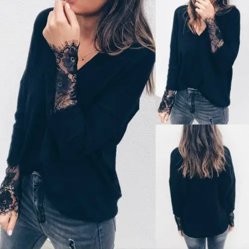 Женская кружевная блузка с V-образным вырезом и длинным рукавом | одежда