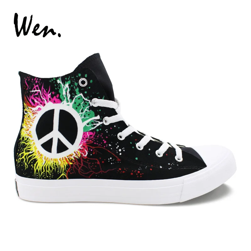 

Wen Men Vulcanized Shoes Design Hand Painted Shoes Peace Symbol Black Canvas Sneakers Women High Top Espadrilles Flat Low Heeled