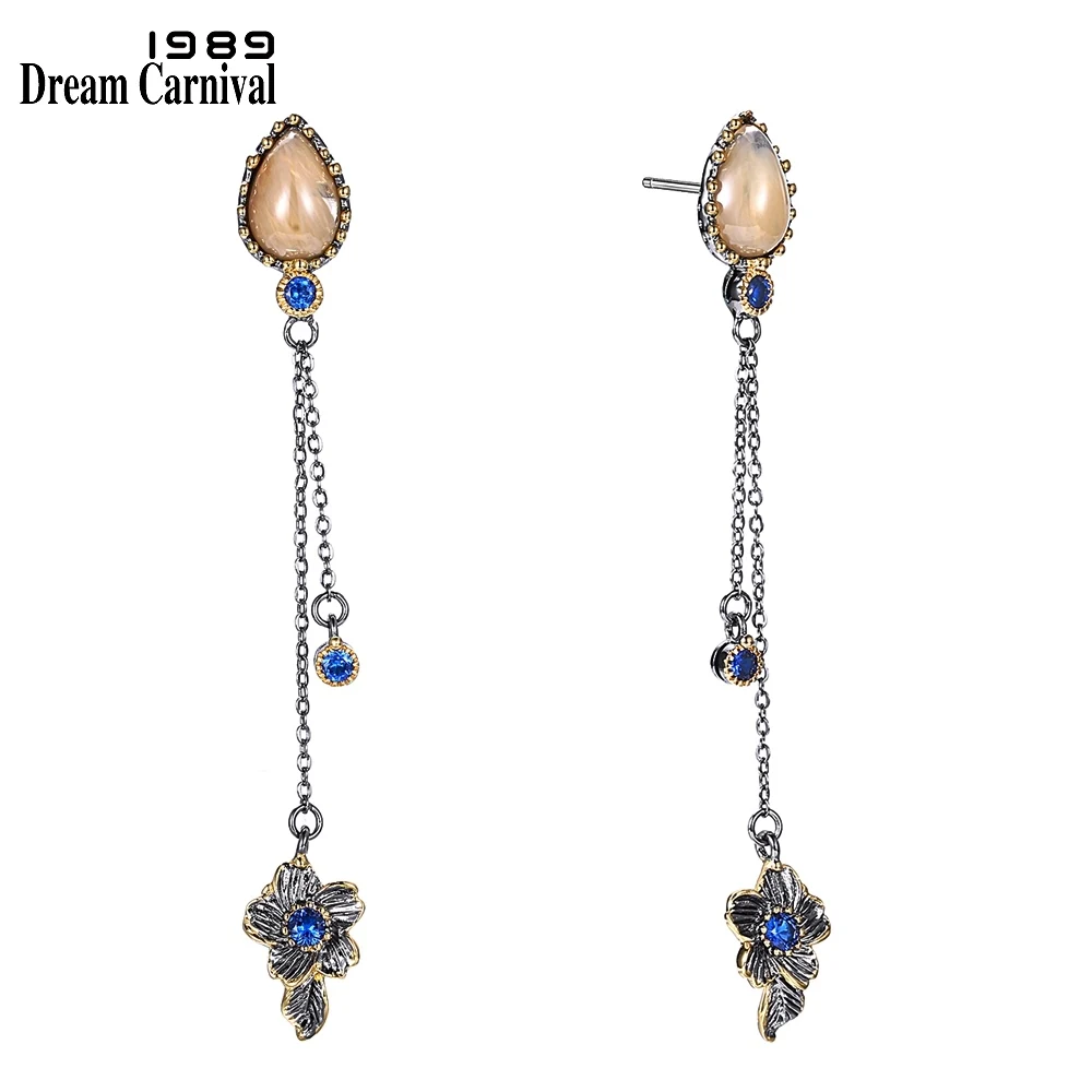 Black Gold Plated DreamCarnival 1989 новые элегантные женские длинные Винтажные серьги с 2 уровнями кисточек синего цвета CZ уникальная коллекция WE3855 - Окраска металла: Black Gold Plated