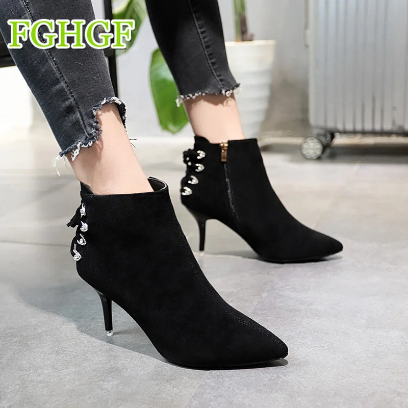 Осенне зимние женские ботильоны однотонные Цвет флис полусапожки Bootie стилет