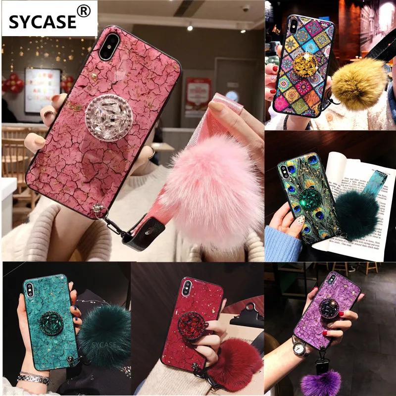 SYCASE Luxury Epoxy Fashion Green Pink phone case For iPhone X XR XS Max 6 6S 7 8Plus Rhinestone Stand Hair Ball Soft Cover |