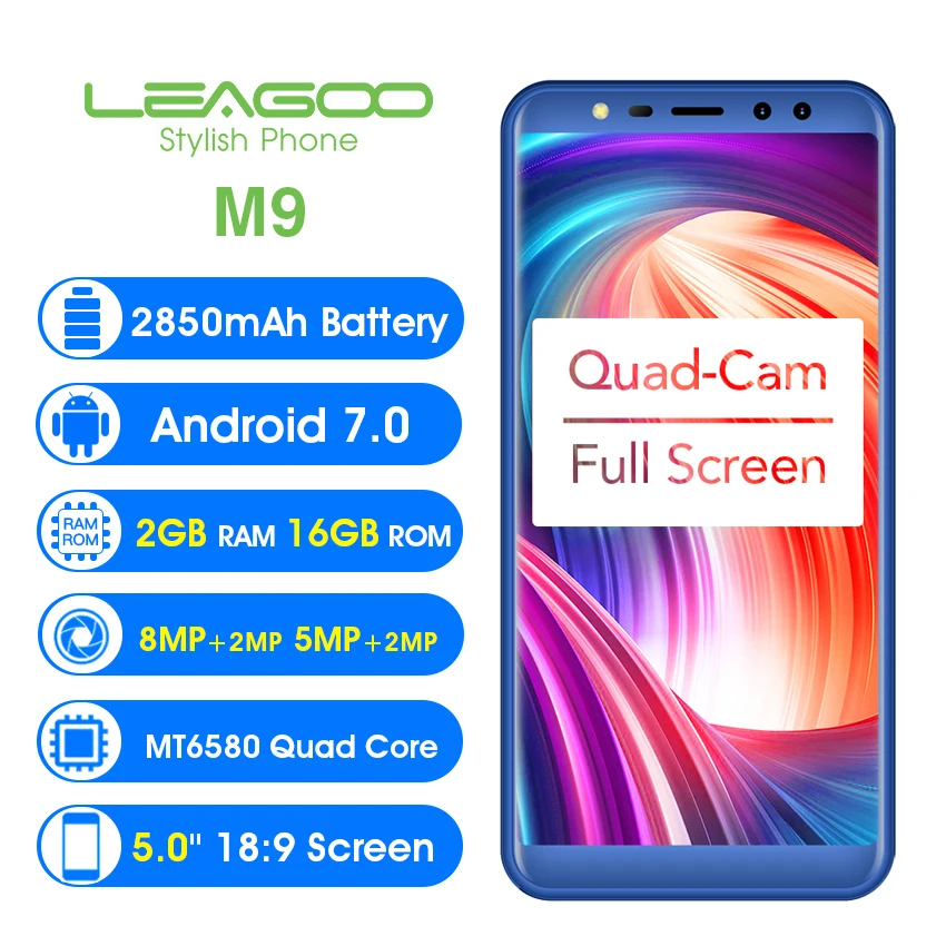 LEAGOO M9 5 &quotполноэкранный мобильный телефон Android 7 0 MT6580A четырехъядерный 2 ГБ + 16 Гб 8MP