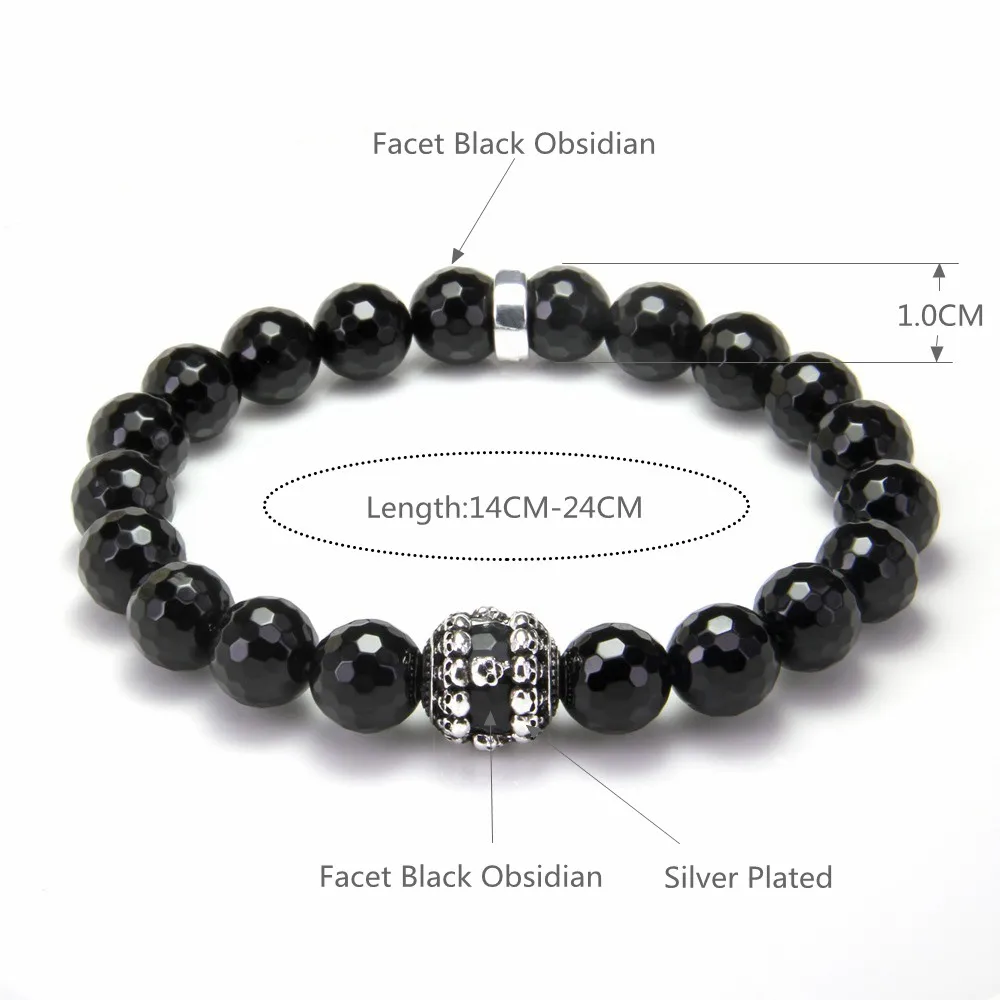 Большой граненый черный обсидиановый браслет в стиле Томаса с бусинами виде