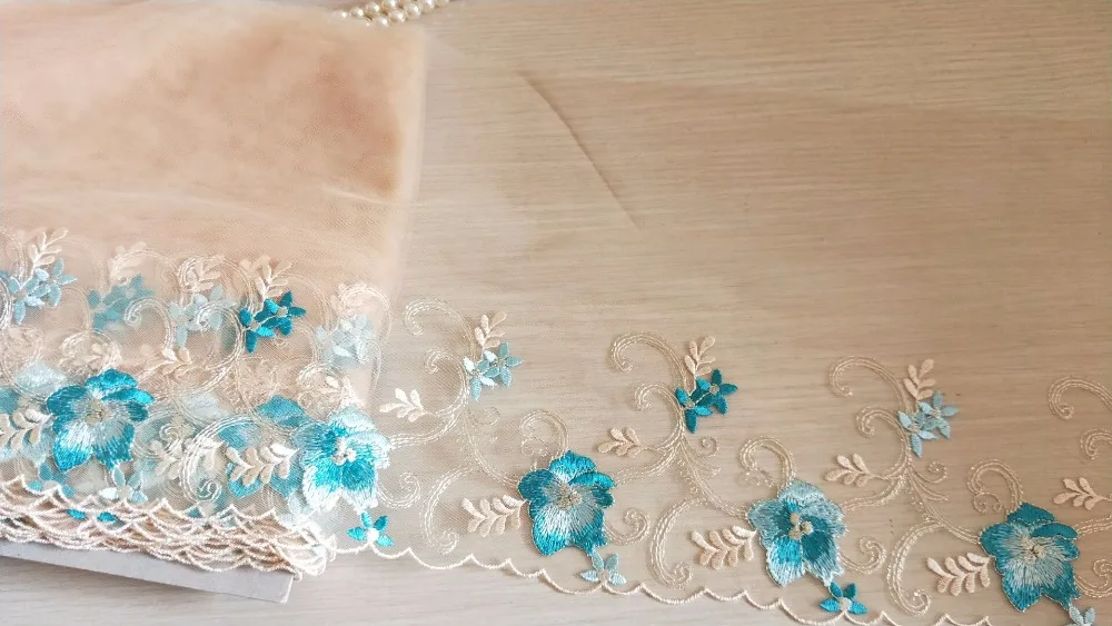 Кружевная отделка 2 ярда синие цветы вышитые бежевые тюлевые кружева 8 66 дюйма
