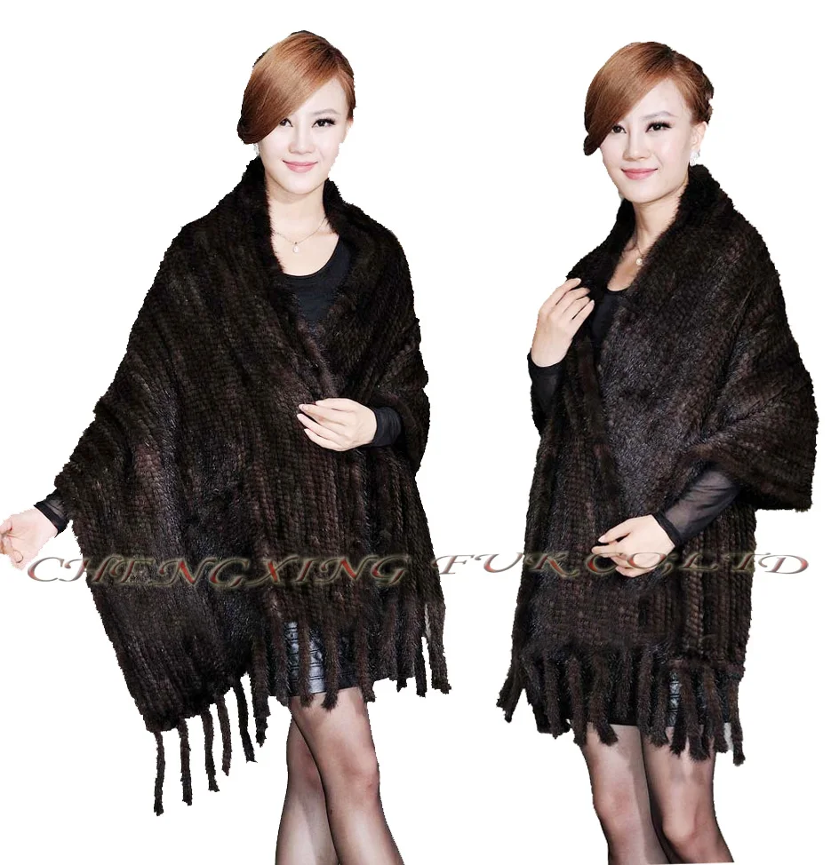 Женская Вязаная Шаль из натурального меха норки с бахромой и карманами большой