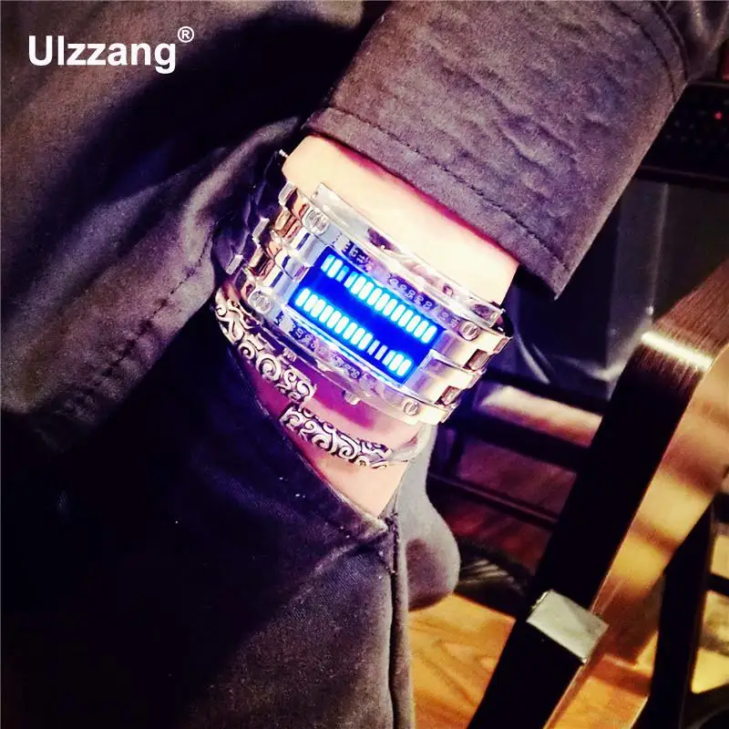 Модные цифровые наручные часы унисекс из нержавеющей стали с подсветкой