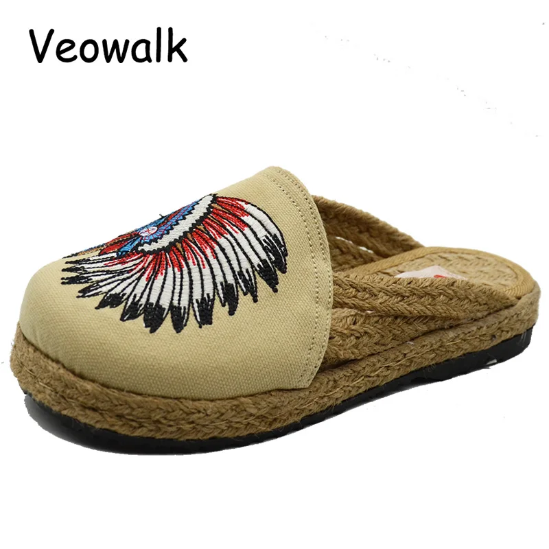 Veowalk/женские хлопковые тапочки с вышивкой в индийском стиле; женские шлепанцы без застежек на плоской подошве; летние сандалии из конопли; женская парусиновая обувь