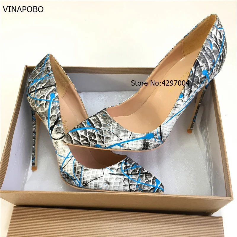 Vinapobo Top Quality python Snake Printing Women High Heels 2018 NEW Fashion Party Wedding Blue Sexy patry Shoes Size 43 | Обувь