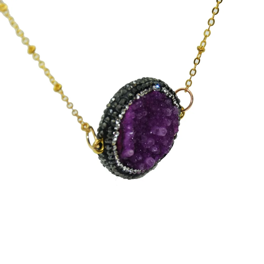 Fashion Jewelry Raw Crystal Quartz natural stone chain Necklace men geode druzy connector necklace with rhinestone crystal paved | Украшения