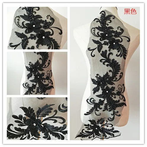 black 3 шт. Золото Шампанское 3d бисера florals кружево Аппликация, тяжелый вышитый орнамент лиф, разноцветный Тюль патч - Цвет: black