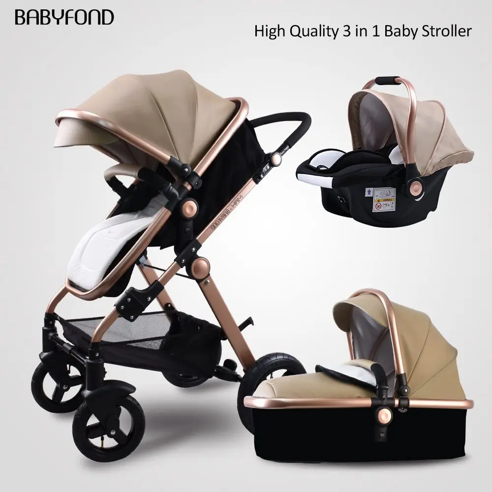 Babyfond, черная, 3в1 коляска,, реверсивное сиденье, с ручкой, роскошные кожаные детские коляски, 0-3 года, высокий пейзаж
