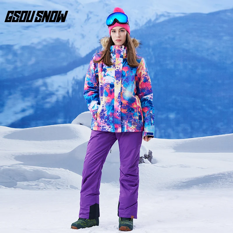 GSOU SNOW 2017 New Women's Winter Ski Suit With Hair Collar Windbreaker Warm Waterproof Breathable Jacket+Ski Pants | Спорт и