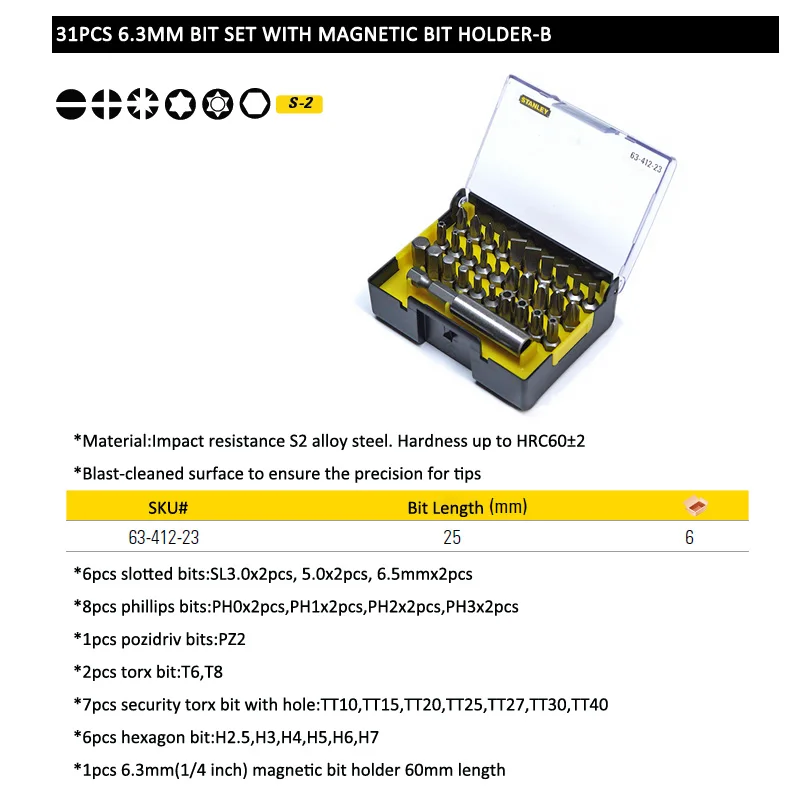 Стэнли 31 шт. 1/" Привод hexgaon torx, крестообразная отвертка, на плоской подошве и т. д. с фокусным расстоянием 25 мм отвертки набор с магнитным сверла держатель удлинитель 60 мм