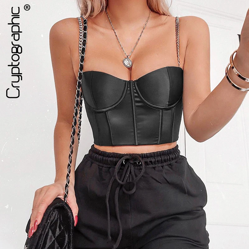 Cryptographic sleeveless chain satin summer crop tops for women sexy backless bralette short cropped strapless feminino tops