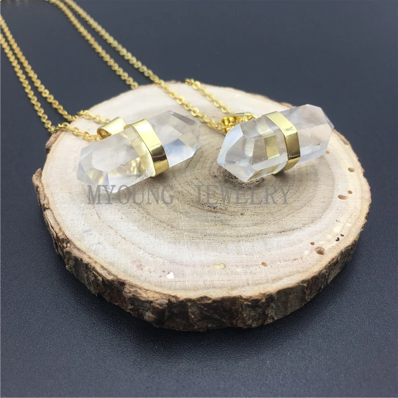 MY0909 Clear Rock Crystal Quartz Oillar Pendant Double Terminated Point With Gold Electroplated Chain Necklace