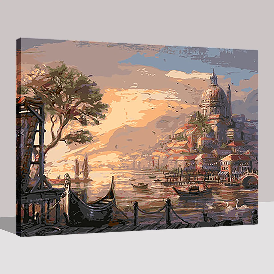 Закат Венеция Вода замок картины маслом сделай сам Краски ing по номерам Wall Art