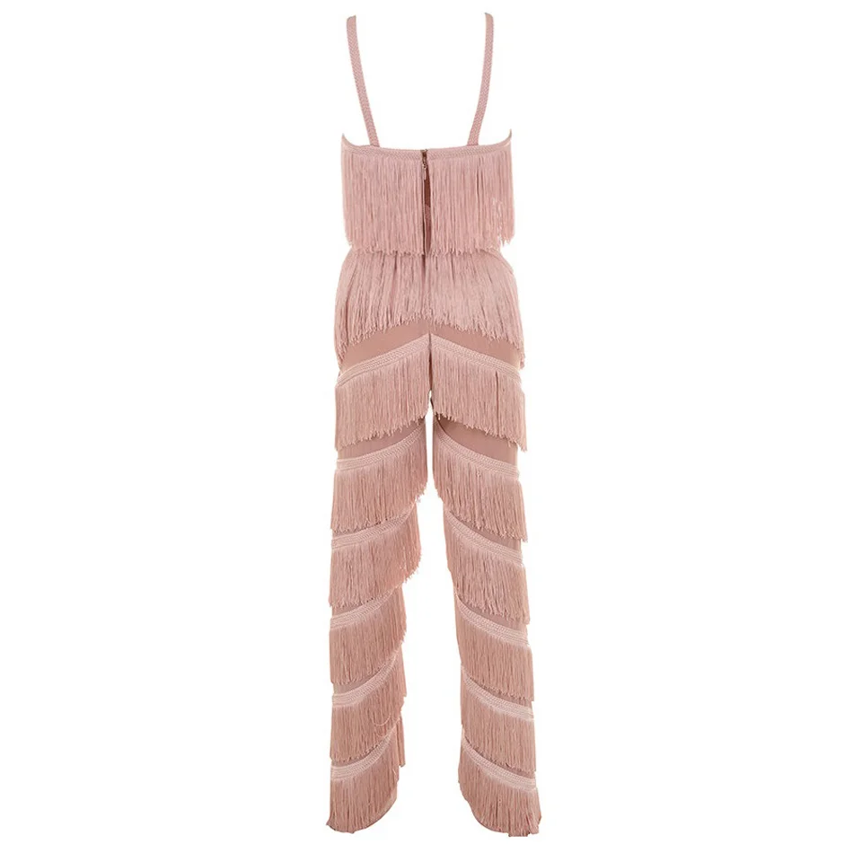 Однотонный прозрачный сетчатый комбинезон с многослойной бахромой на бретелях