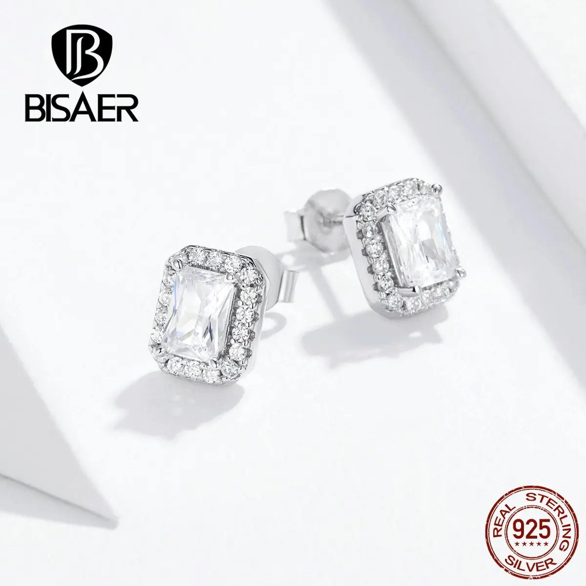 Bisaer классика квадратные серьги 925 пробы серебро световой кубический циркон квадратные серьги для Для женщин Роскошные ювелирные изделия EFE195