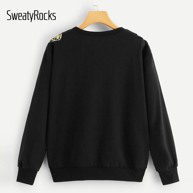 SweatyRocks черный контрастный Блестящий пуловер с длинными рукавами и круглым вырезом уличная одежда весна осень женские топы
