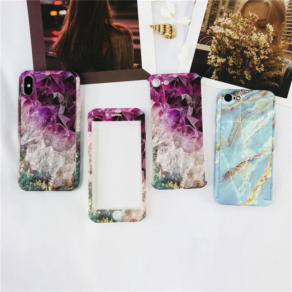 360 Degree Marble Stone Full Protective Hard Luxury Purple Diamond Case for IPhone 6 6S 7 8 Plus 5 SE X Gem Splice |