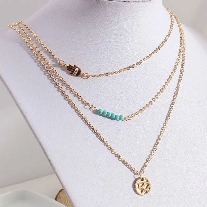 Retro 3 Multi Layer Palm Necklaces Jewelry For Women Bohemian Blue Stone Choker &amp Pendants Collier Femme Accessories | Украшения и