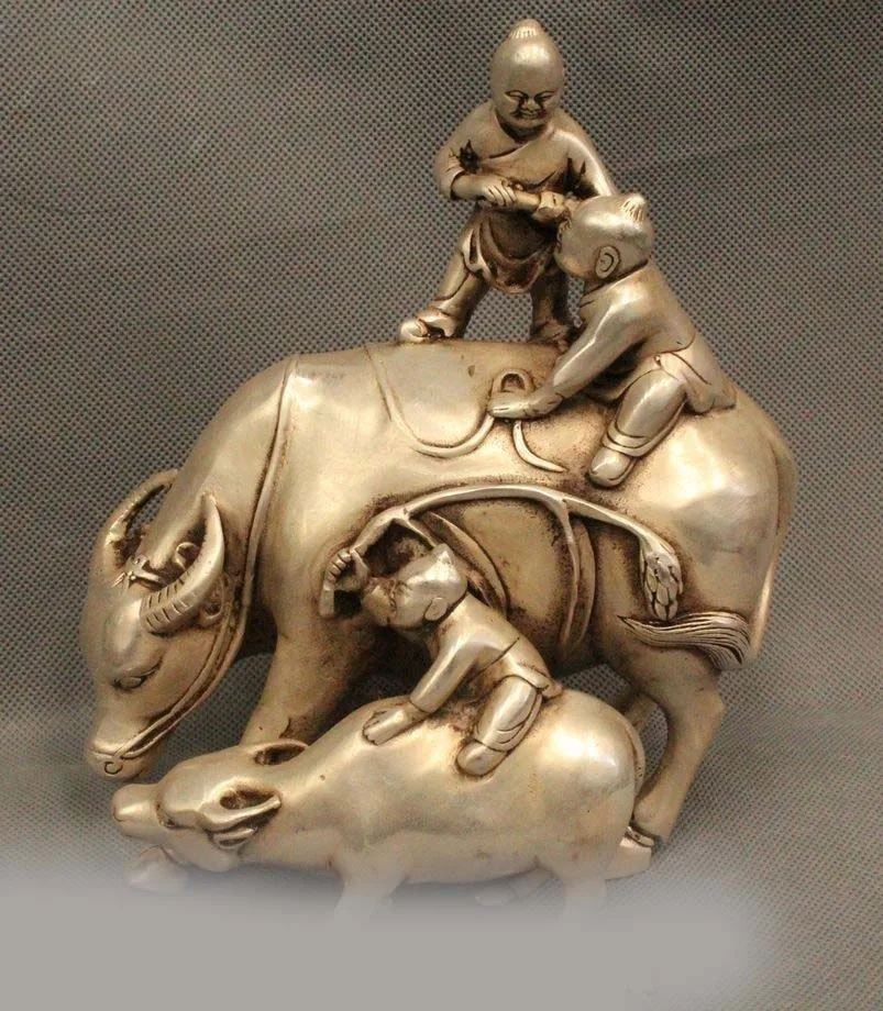 8&quot Lovely Chinese China Silver Cowboy Vaquero Children Kids Ride Bull Ox Statue | Дом и сад