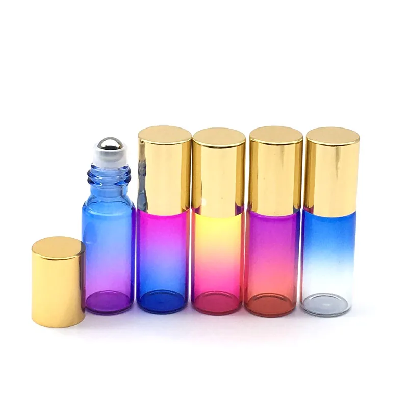 Empty 5cc Gradient Colorful Roll-On Bottle 5ml Essential Oil Perfume Sample Glass Roller Bottle Gold Cap100pcs