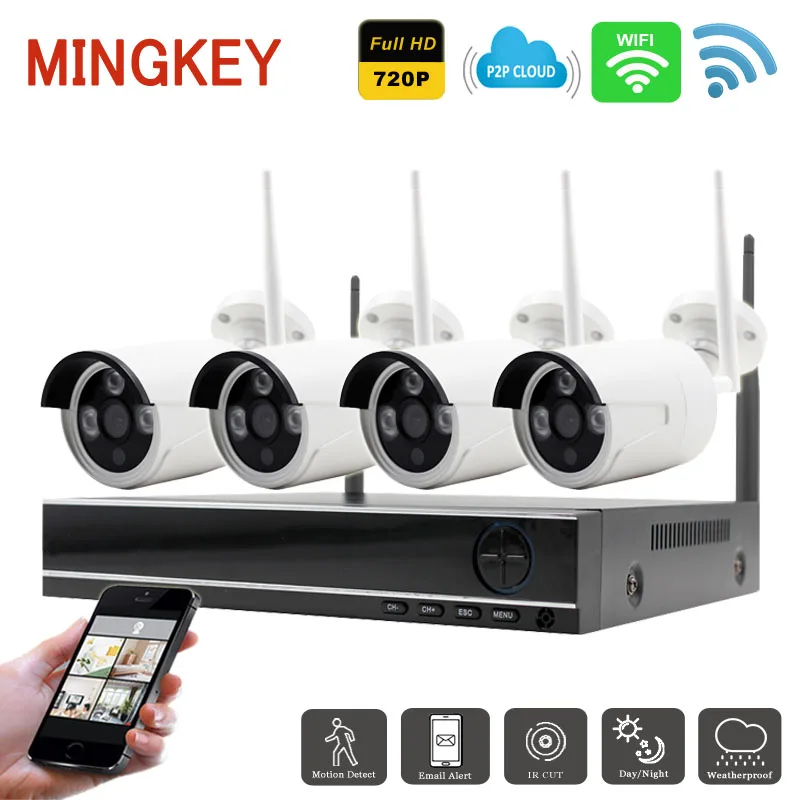 Mingkey безопасности Камера Системы Беспроводной 4ch dvr комплект 1.0mp Открытый Wi Fi IP 720 P
