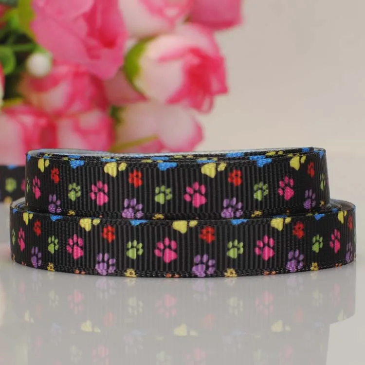 

Free shipping 50yards 3/8 " 9 mm black dog paw cartoon pattern print grosgrain ribbons DIY hair tie