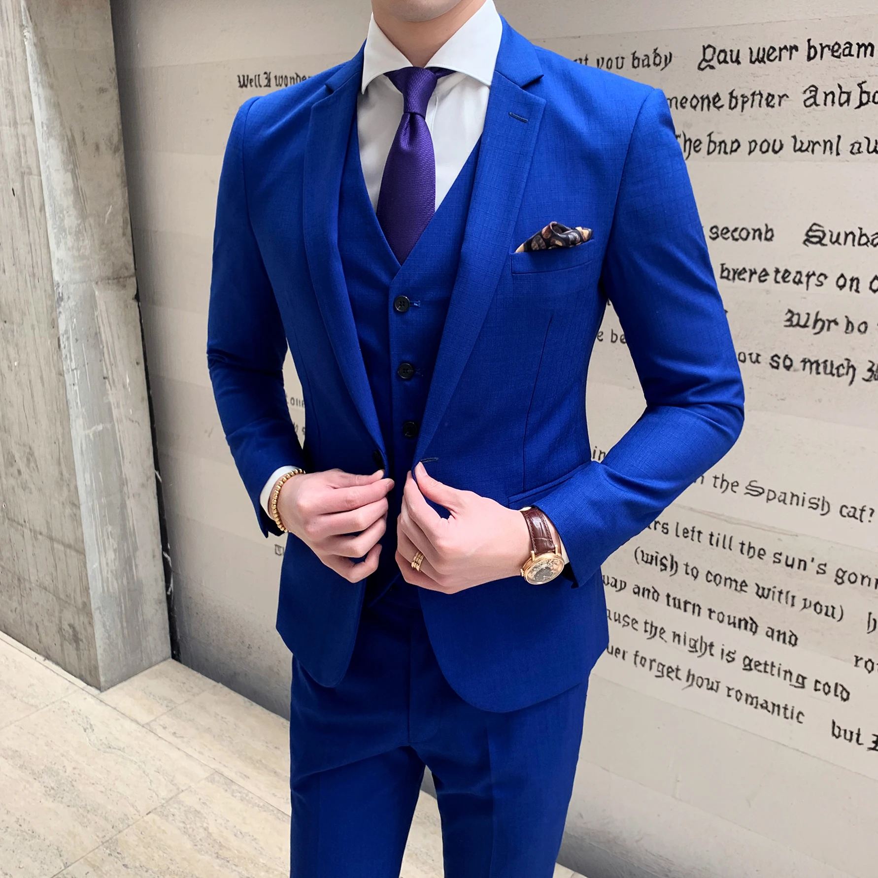 3-piece set Королевский синий мужской блейзер, приталенный, вечерние, для офиса, костюм, на одной пуговице, 3 шт., мужской пиджак, Trajes Azul Hombre Smoking Uomo - Цвет: 3-piece set