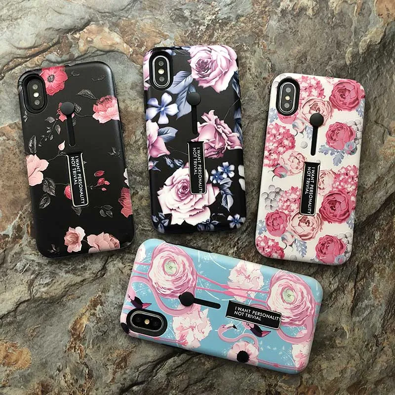 Kerzzil Cartoon Flamingos Floral Flower Vintage Case For iphone 7 8 Plus Holder Stand Phone Cover for X 6 6s Back | Мобильные