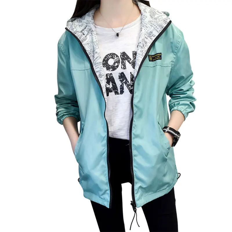 Женская осенняя куртка бомбер с карманами на молнии капюшоном двухсторонняя