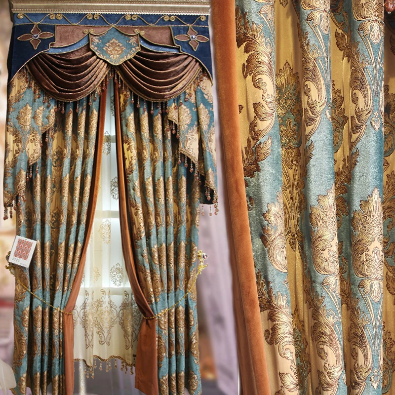 

Custom curtains high-quality luxury chenille Jacquard bedroom gold blue thick cloth blackout curtain tulle valance drapes N456