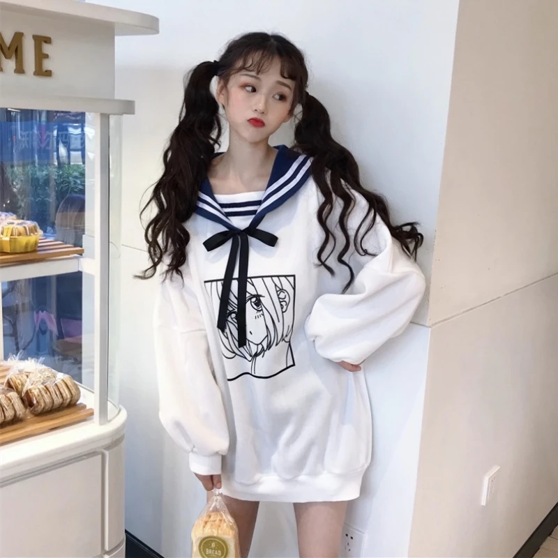 Японская женская одежда kawaii мультфильм Милая Толстовка свободный матросский