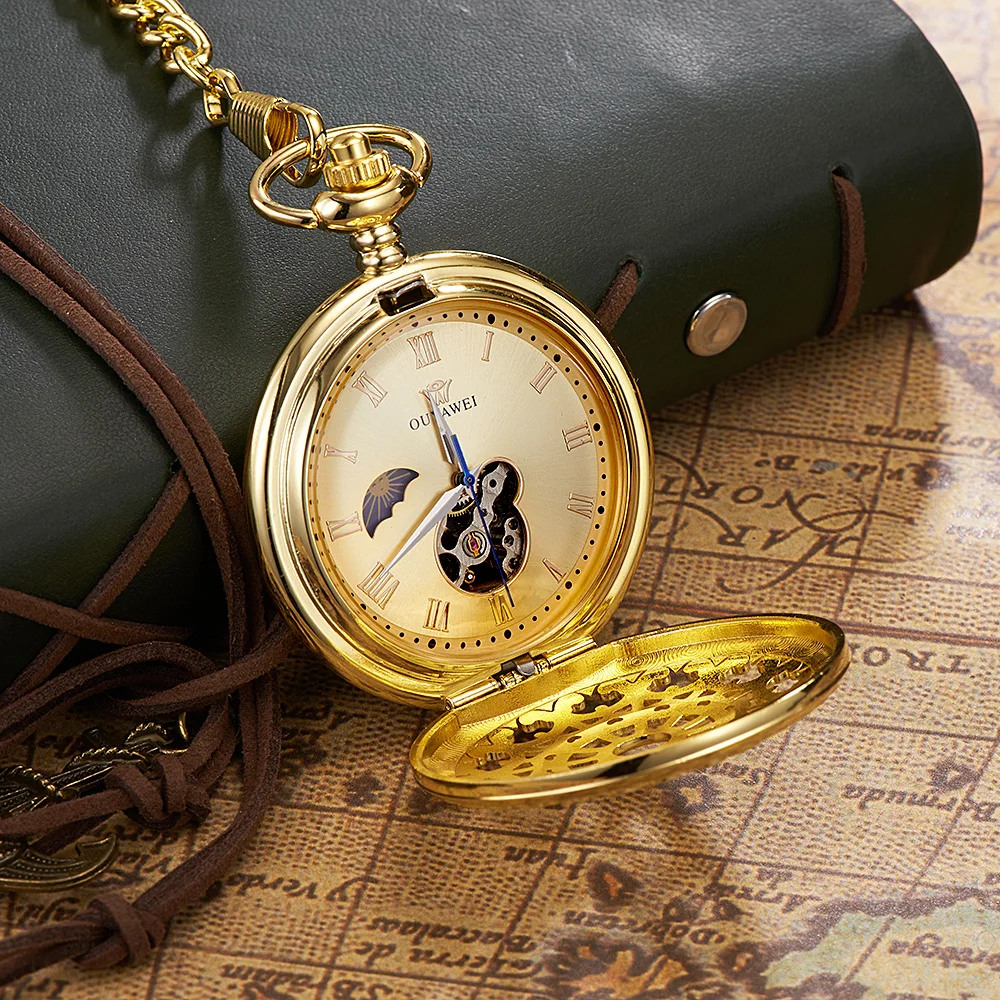Брендовые роскошные золотые мужские карманные часы OYW с римскими цифрами ручной