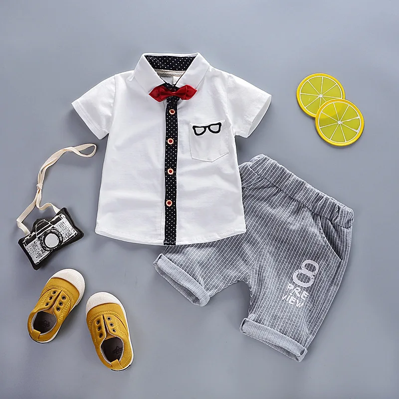 2019 summer toddler boys clothes Kids fashion short sleeve shirt + Shorts Sets Children British Style Gentlemen's bow Suits 0-4Y | Детская
