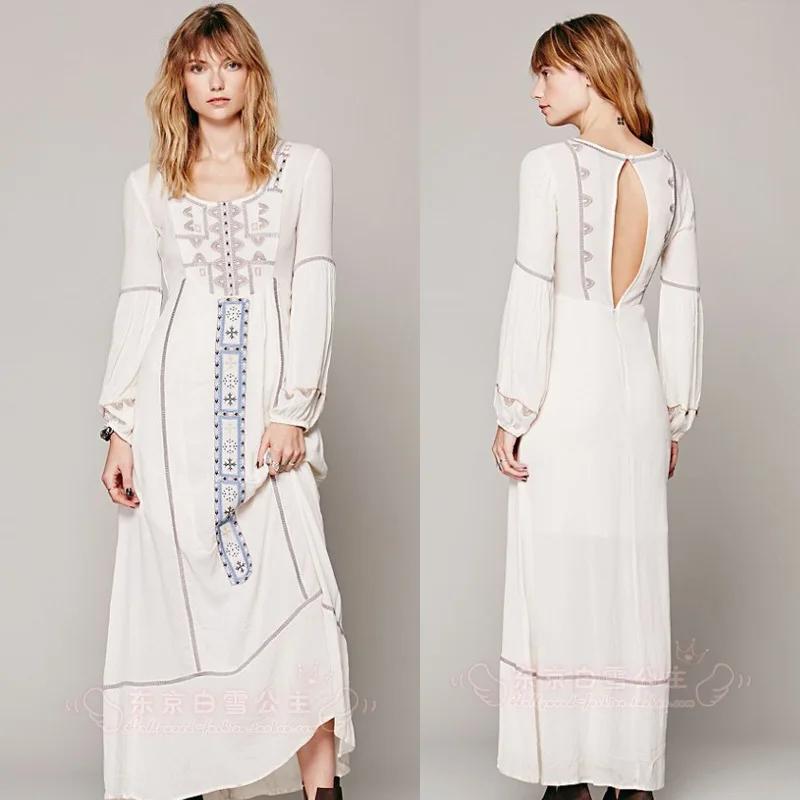 

2021 new vintage long dress women's embroidery hot maxi dress long sleeve bohemian elegant dresses loose style casual dress