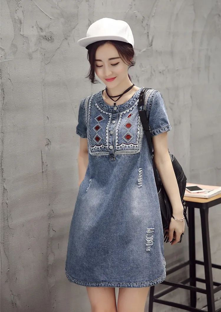 2019 платье из джинсовой ткани с вышивкой в винтажном стиле Мягкие повседневное