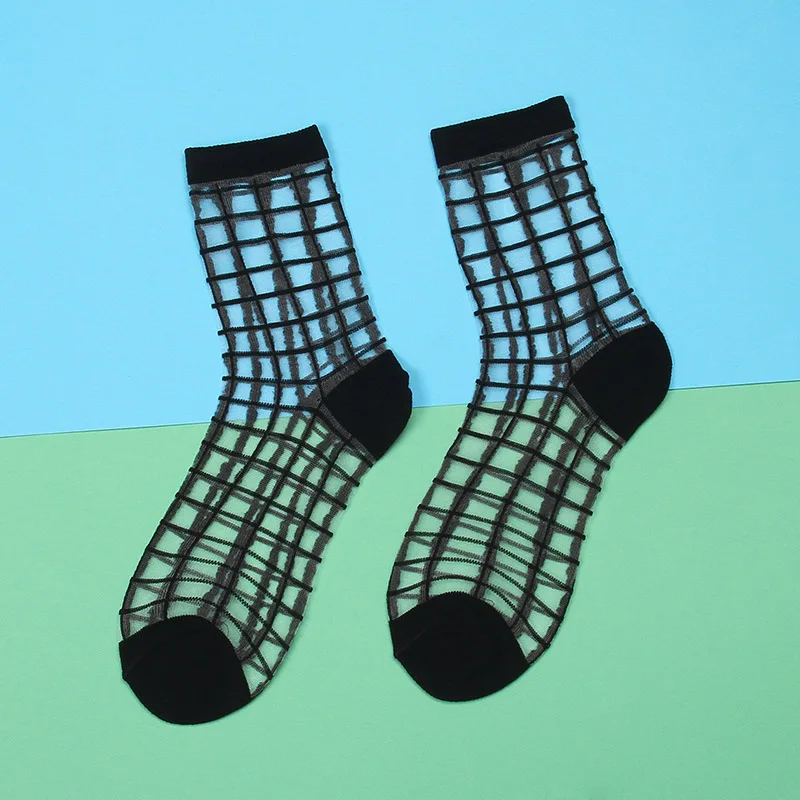 plaid BK Уличная одежда, сетчатые носки, дышащие, черные, белые, ажурные носки, женские, летние, прозрачные, полосатые, клетчатые, кружевные носки, модные - Цвет: plaid BK