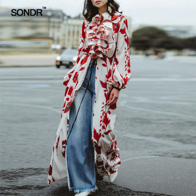 

Spring 2019 high street wind print shirt dress fashion high slit lantern sleeve flounces flounces long dress for women