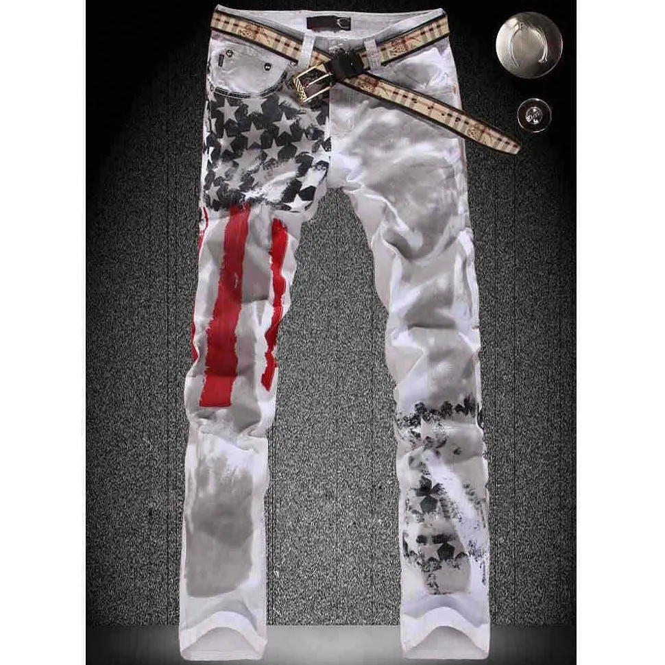Style2 Новая мода флаг США печати мужские прямые джинсы ноги повседневное мыть хлопок Мужские джинсы slim fit Мужской мотобрюки C438 - Цвет: Style2