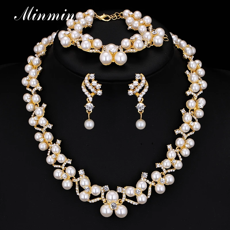 Minmin Кристалл Имитация жемчужные Свадебные украшения наборы золотого цвета