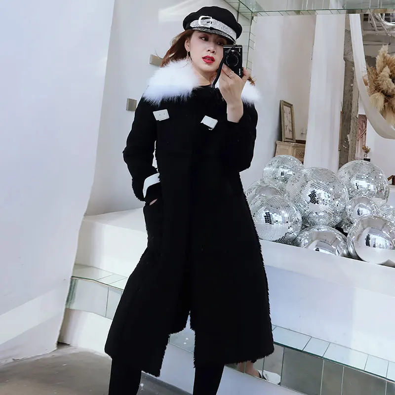 Женское пальто из овечьей шерсти с воротником лисьего меха средней длины|Женские