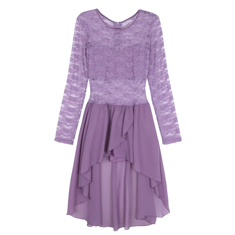 Purple Женское балетное трико для взрослых, платье для женщин, балетное танцевальное платье с длинным рукавом, цветочное кружевное асимметричное гимнастическое трико, боди - Цвет: Purple