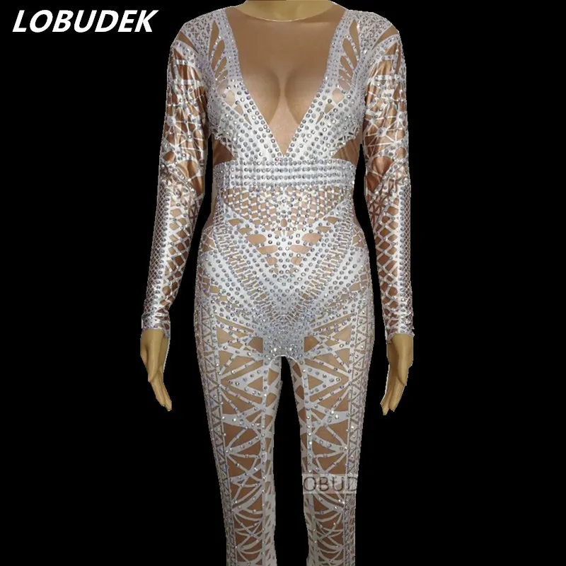 female costume Novelty Rompers costume Shining stone white black crystal Sexy jumpsuit  stage Diamond star performance party