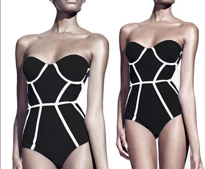 Женский слитный купальник без бретелек с подкладкой монокини черный и белый