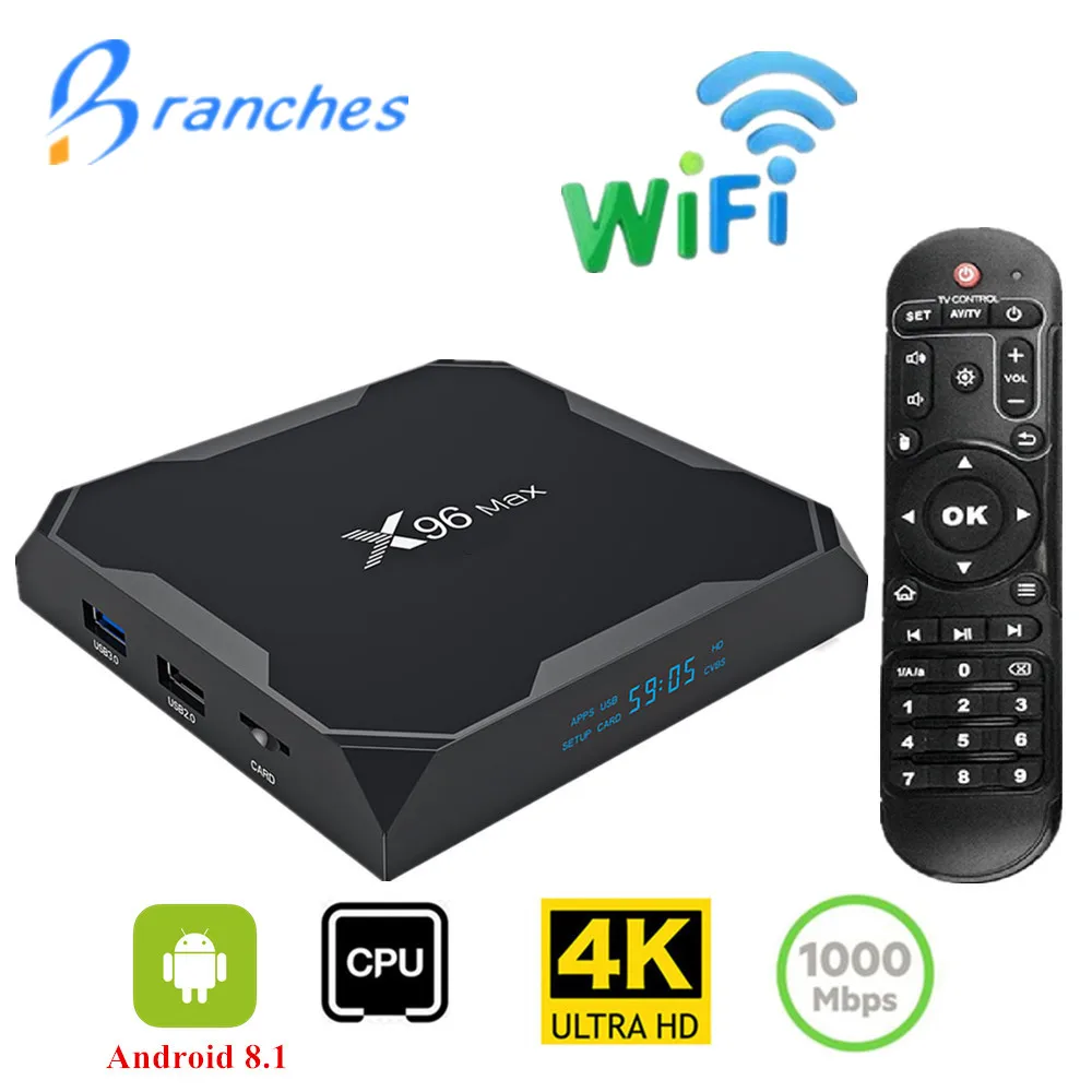 

ТВ-приставка X96 Max, Android 8,1, 4 ядра, 4 + 64 ГБ, 2,4/5 ГГц, Wi-Fi, BT