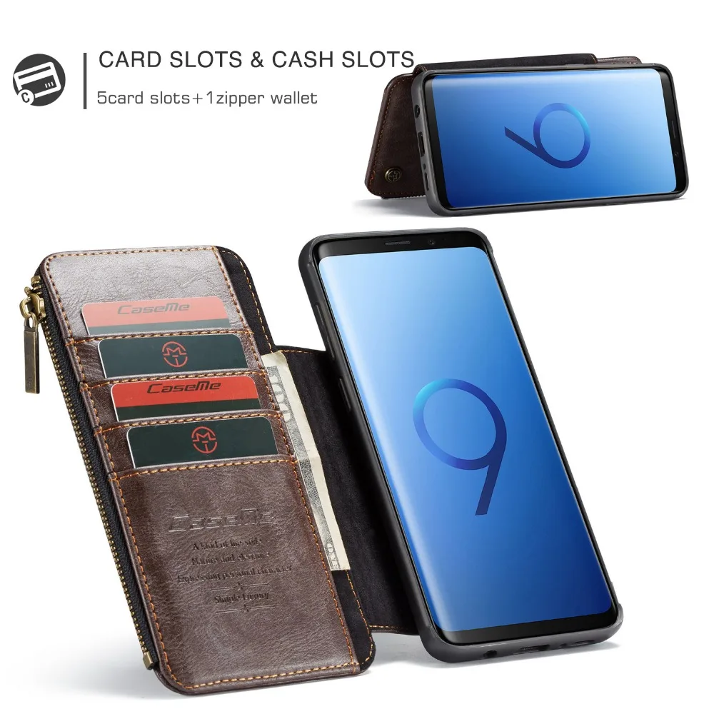 Съемный кожаный чехол-бумажник для samsung Galaxy S9 Plus, карман на молнии, отделение для кредитных карт, чехол для samsung S9 Plus, чехол